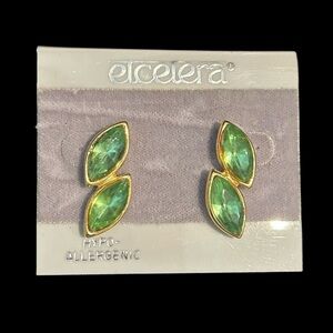 Green Stone Gold Tone Pierced Earrings